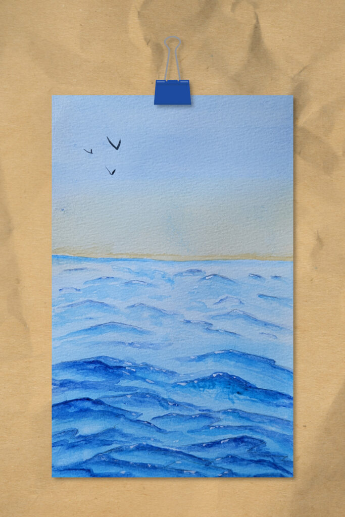 watercolour blue waves and sky with birds