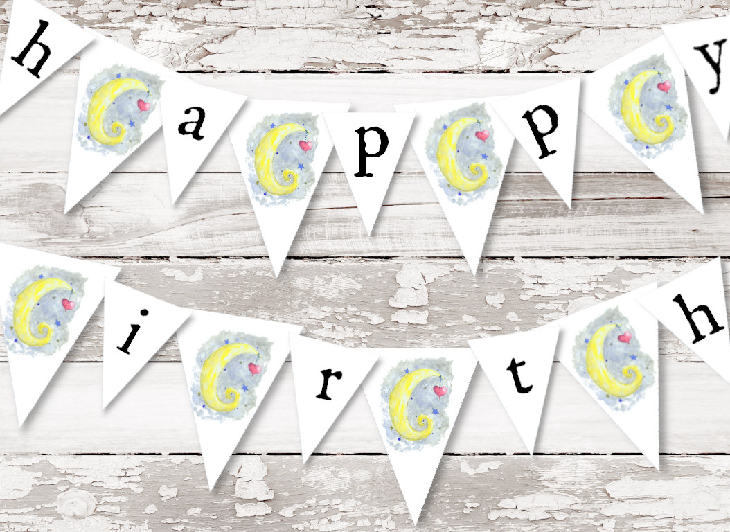 Watercolor Moon Happy Birthday Banner