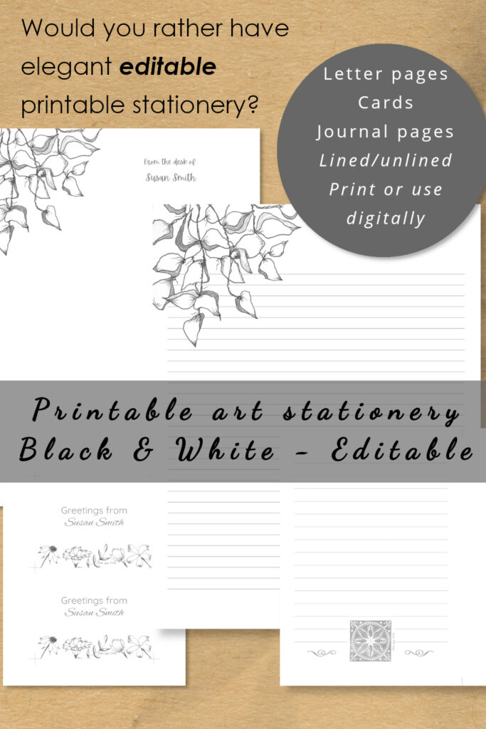 editable printable stationery, black and white art