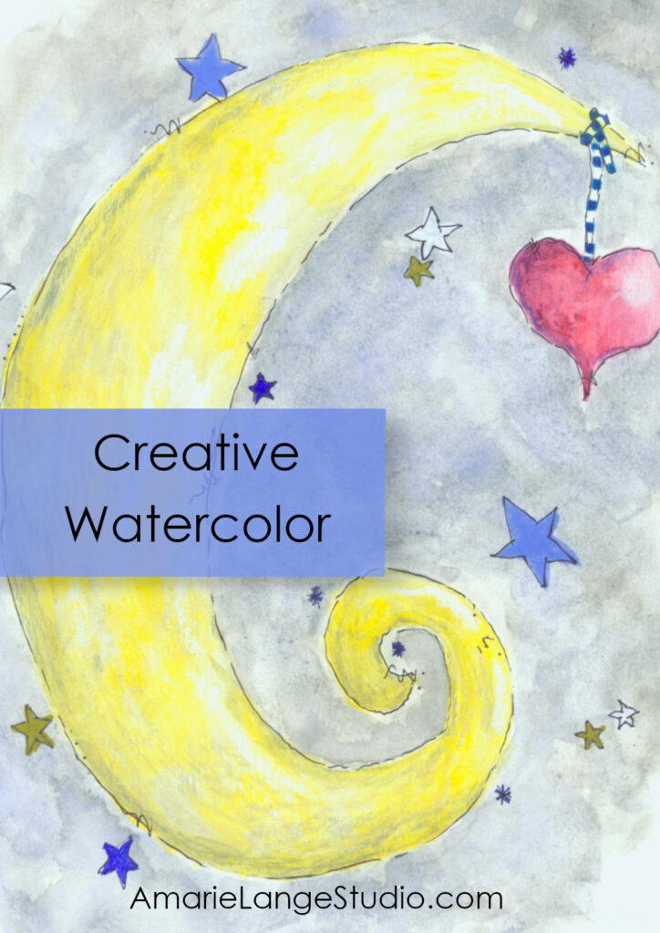 text of Creative Watercolor over a watercolor yellow moon and red heart