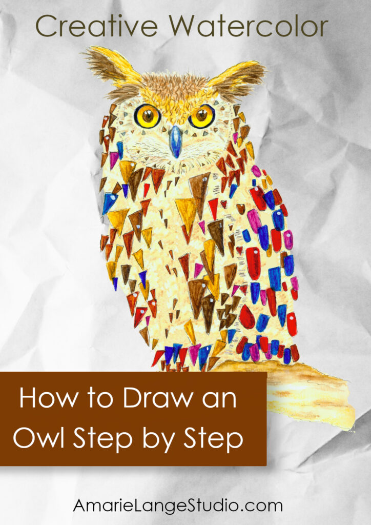 text of How to Draw an Owl Step by Step over a watercolor pencil owl