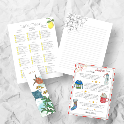 photo of pretty printables, checklist, letter paper, bookmark, Santa letter