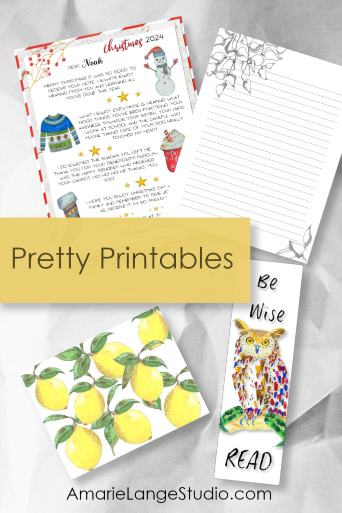 Pretty Printables with Santa letter, letter paper, lemon notecard, owl bookmark