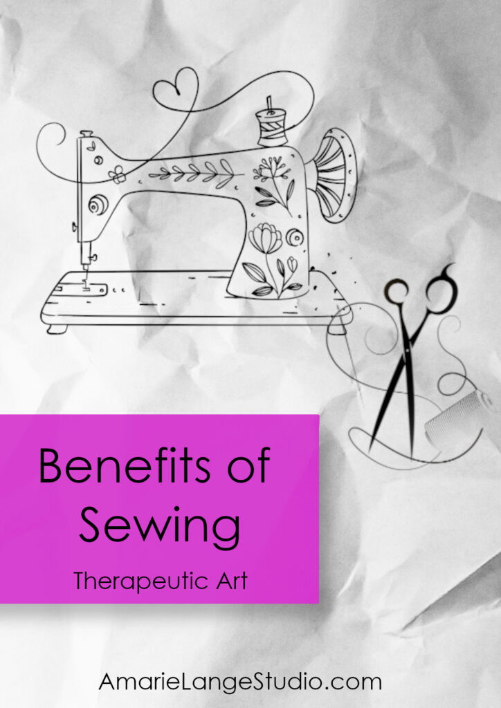 Benefits of sewing text with an old fashioned lineart sewing machine and scissors.